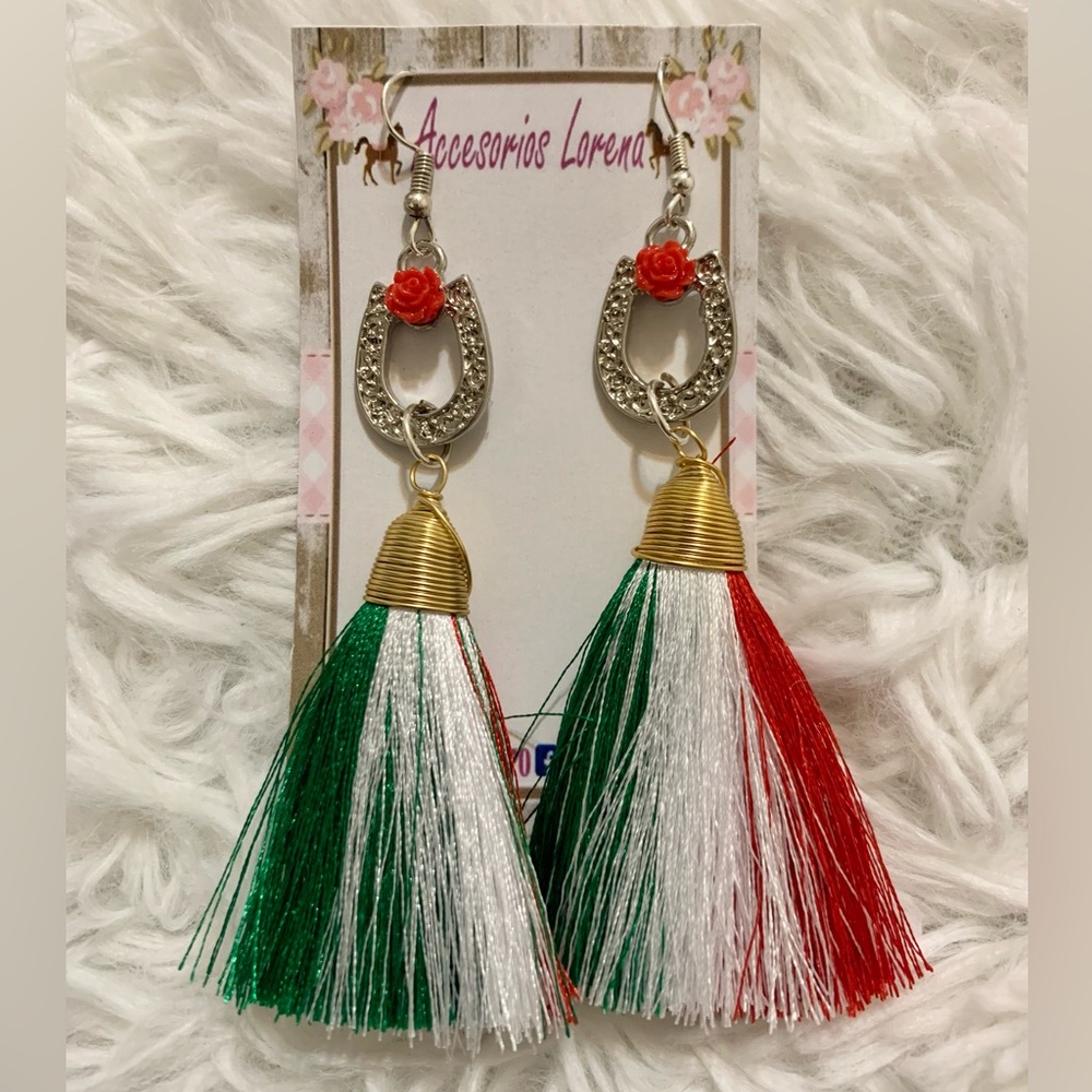 Green, white, red fan earrings